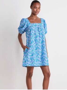 💙💚Vineyard Vines Blue & Green Floral Square Neck Puff Sleeve Sundress M💙